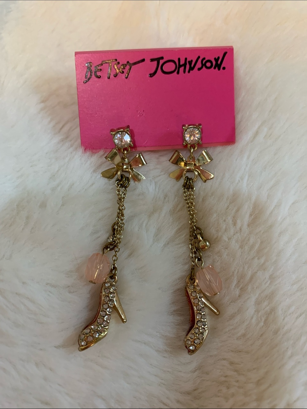 Betsey Johnson Gold Bow & Pink Crystal High-Heel Dangle Earrings